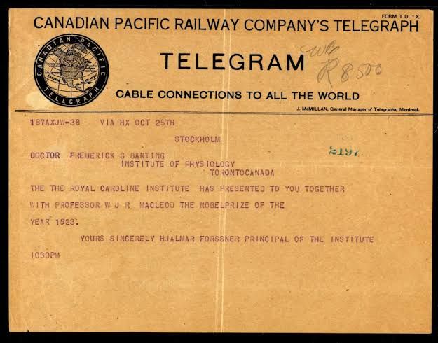 Telegram announcing the 1923 Nobel Prize